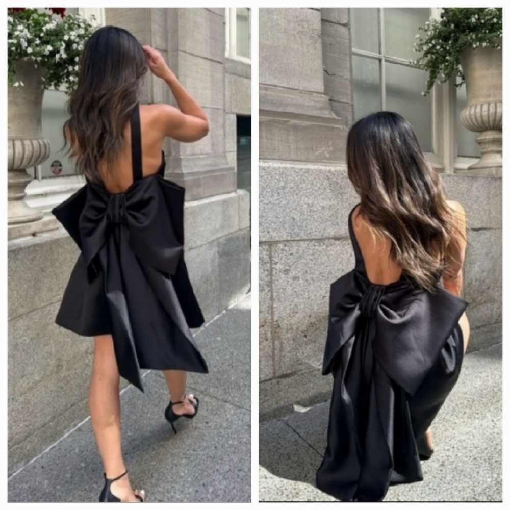Zara BOW SATIN EFFECT MINI DRESS BLACK Size S